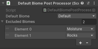 DefaultBiomePostProcessor with "Default" biome and "Rocks", "Moisture" as excluded biomes