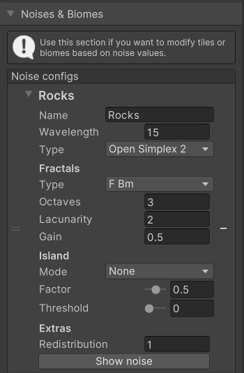 Configuration of the Rocks noise