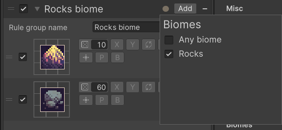 Rule group that is only enabled for the 'Rocks' biome